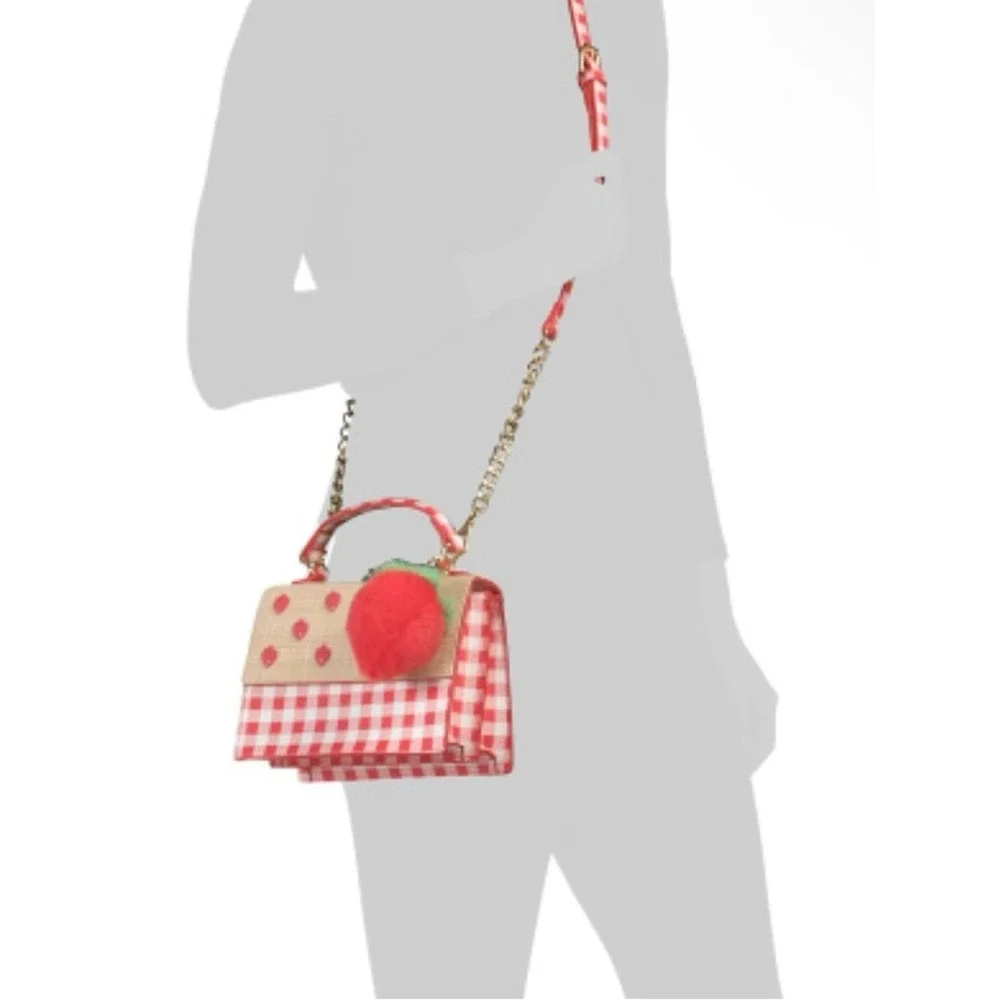 Betsey Johnson Strawberry Gingham Satchel Crossbody Bag Purse w/ Faux Fur Charm